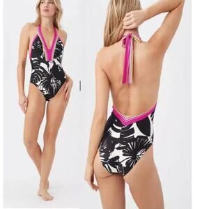 Lennox Halter One Piece Black Floral Swimsuit NWT